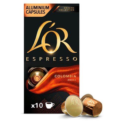 Opakowanie 10 aluminiowych kapsułek kawy L'OR Espresso Kolumbia Andy. Złote logo L'OR. Dwie kapsułki obok.