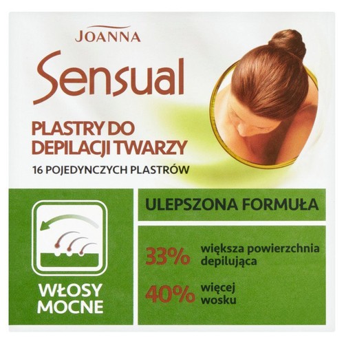 Biało - zielone opakowanie Joanna Sensual plastry do depilacji twarzy dla włosów mocnych. 16 pojedynczych plastrów. Z 40% więcej wosku.