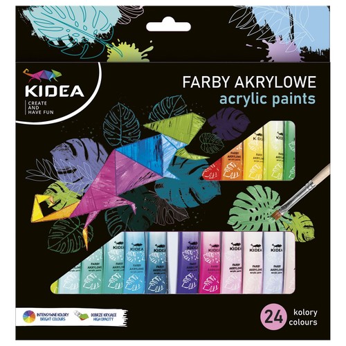 Kidea farby akrylowe, zestaw 24 kolorów w tubkach, na czarnym opakowaniu z liśćmi. Intensywne i dobrze kryjące.