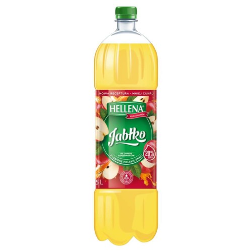 Butelka 5 litrów napoju jabłkowego Hellena, z zieloną zakrętką. Etykieta w kolorach czerwieni i zieleni, przedstawiająca jabłka. Widoczne napisy: "Jabłko", "Nie zawiera konserwantów", "Ulubione polskie smaki" i "20% soku".