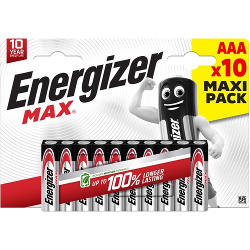 Opakowanie zbiorcze Energizer MAX AAA Maxi Pack zawierające 10 baterii. Na kartoniku widoczna jest kreskówkowa bateria z ramionami, symbolizująca moc. Produkt zawiera materiały z recyklingu i zapewnia do 100% dłuższą żywotność.