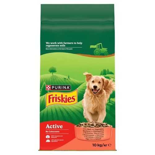 Opakowanie karmy Purina Friskies Active dla psów, 10 kg. Złoty retriever obok miski z karmą.