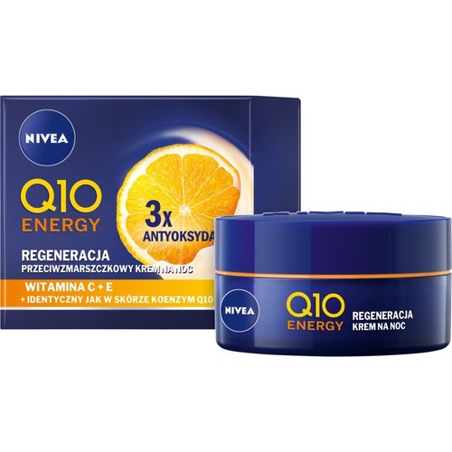 Krem na noc NIVEA Q10 Energy z witaminą C+E i koenzymem Q10. Granatowe pudełko z grafiką pomarańczy i słoiczek.