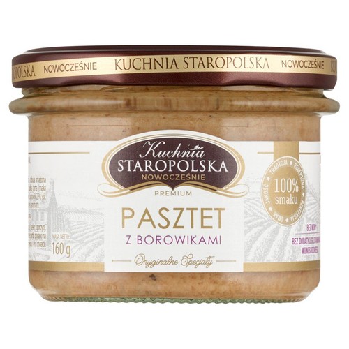 Szklany słoik pasztetu z borowikami Kuchnia Staropolska Nowocześnie, 160 g. Etykieta z napisem "Premium" i "100% smaku".