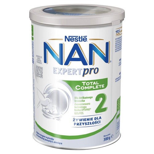 Biała puszka Nestlé NAN EXPERTpro TOTAL COMPLETE 2, mleko w proszku dla delikatnego brzuszka, 380g.