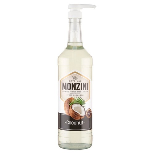 Syrop Monzini Coconut w przezroczystej butelce z dozownikiem. Etykieta z nazwą i grafiką kokosa.