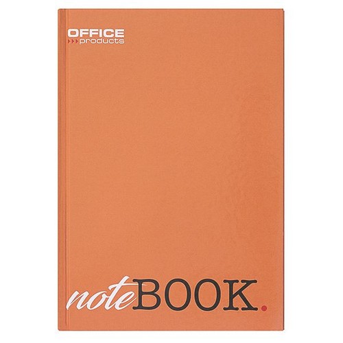 Pomarańczowy notatnik z twardą okładką. Na górze okładki widnieje napis "OFFICE products" z czerwonymi strzałkami. Na dole znajduje się duży napis "noteBOOK.", gdzie "note" jest białe i kursywne, a "BOOK." ciemne.