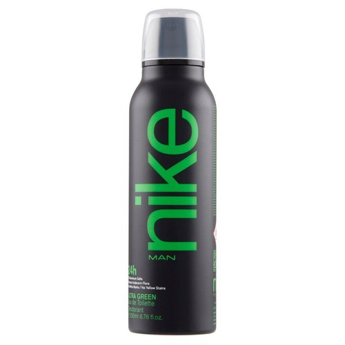 Dezodorant w sprayu Nike Man Ultra Green, 200 ml. Czarna butelka z zielonym napisem Nike. Zapewnia 24-godzinną ochronę.