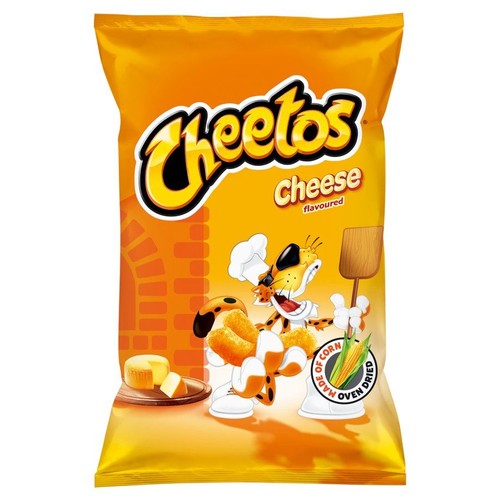 Opakowanie Cheetos Cheese flavoured. Grafika przedstawia geparda kucharza, ser i kukurydzę. Przekąski z kukurydzy.
