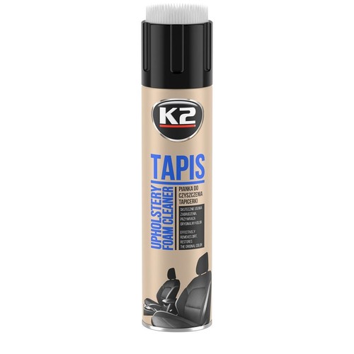 K2 Tapis pianka do czyszczenia tapicerki samochodowej w beżowej puszce z czarną nakrętką i białym pędzelkiem. Skutecznie usuwa zabrudzenia i przywraca oryginalny kolor. Na opakowaniu widoczna grafika foteli samochodowych.