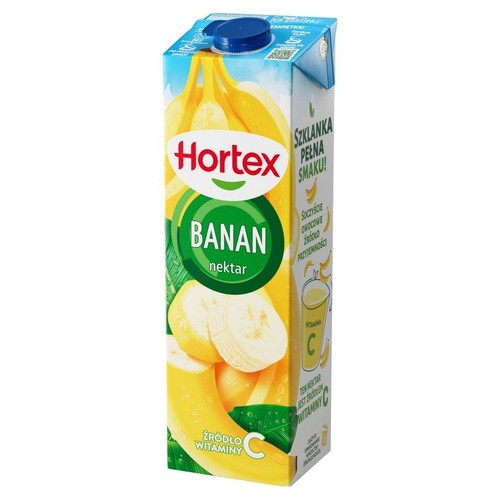 Nektar bananowy Hortex w kartonie z niebieską zakrętką. Widoczne grafiki bananów i hasło "Szklanka pełna smaku!".