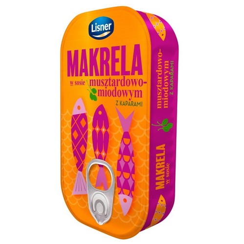 Konserwa rybna Lisner: makrela w sosie musztardowo-miodowym z kaparami. Puszka z grafiką trzech ryb i otwieraczem.