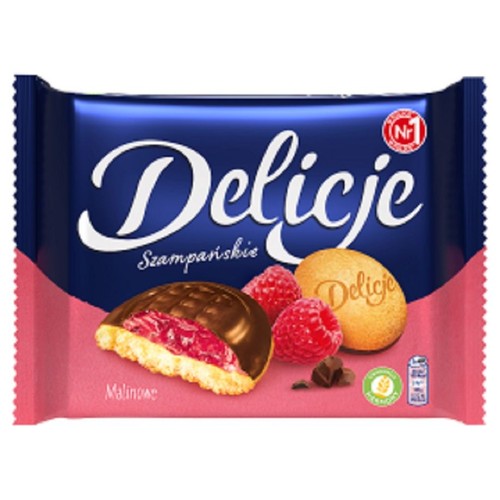 Biszkopty z galaretką o smaku malinowym oblewane czekoladą Delicje 294 g