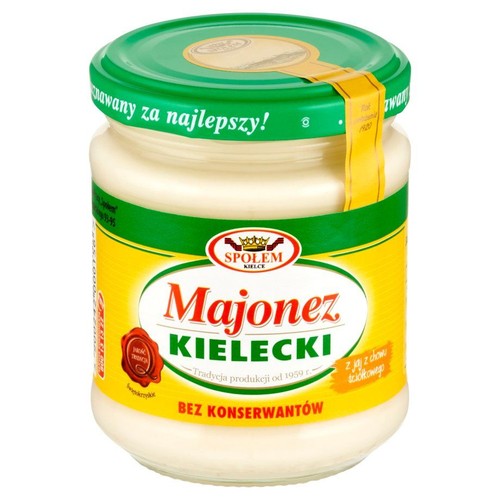 Słoik majonezu Kieleckiego Społem z żółtą etykietą i zieloną zakrętką. Produkt bez konserwantów, z jaj z chowu ściółkowego.