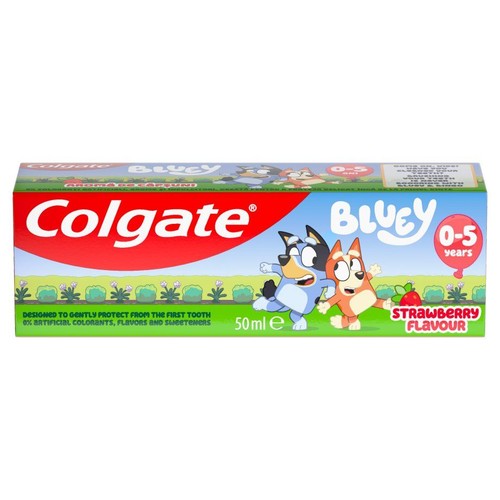 Pasta do zębów Colgate Bluey 0-5 lat, 50 ml. Na opakowaniu grafika Bluey i Bingo, informacja o smaku truskawkowym.