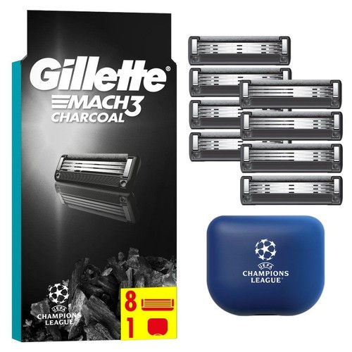 Zestaw Gillette Mach3 Charcoal: czarne opakowanie z 8 ostrzami i 1 rączką, plus 8 zapasowych ostrzy i niebieskie etui Champions League.