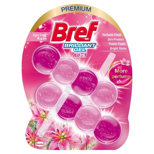 Bref WC Brilliant Gel All in 1, Spring Rain, w różowym opakowaniu z żelowymi kulkami.