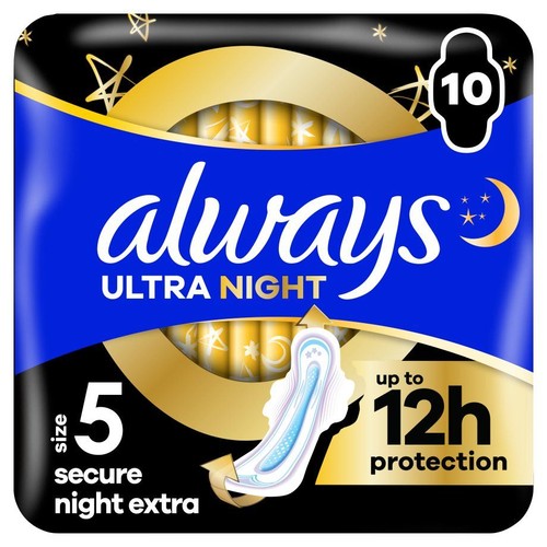 Opakowanie podpasek Always Ultra Night, rozmiar 5, 10 sztuk. Zapewniają do 12 godzin ochrony.