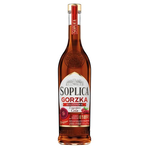 Soplica Gorzka Koleżeńska z orzeszkami Cola w szklanej butelce 500 ml. Etykieta podkreśla 100% naturalnych składników i kunszt tradycji od pokoleń, datowany na 1891 rok.