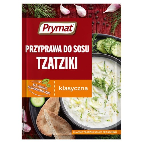 Prymat Przyprawa do sosu Tzatziki klasyczna. Bez glutaminianu sodu. Na opakowaniu sos tzatziki z ogórkiem i koperkiem.