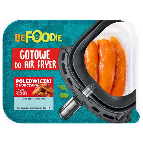 Polędwiczki z kurczaka BeFoodie, smak ketchupu, 3 sztuki, w przezroczystym opakowaniu, gotowe do air fryera.