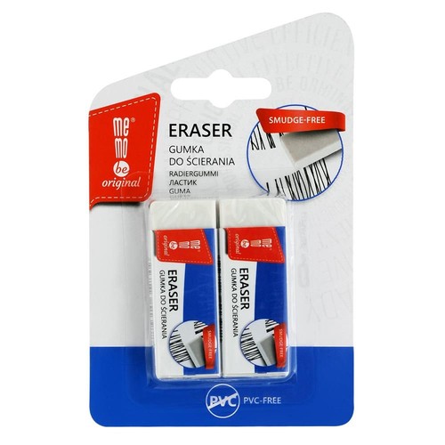 Dwie białe gumki do ścierania MeMo Eraser w przezroczystym blistrze z niebieskim tłem. Na opakowaniu widnieje logo MeMo "be original" oraz informacje "smudge-free" (niebrudzące) i "PVC-free" (bez PCV). Gumki są prostokątne.