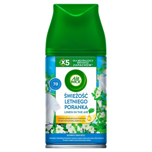 Wkład Air Wick Automatic Spray o zapachu "Linen in the Air". Zielona nakrętka, etykieta z białymi kwiatami i praniem. 5x siła neutralizacji.