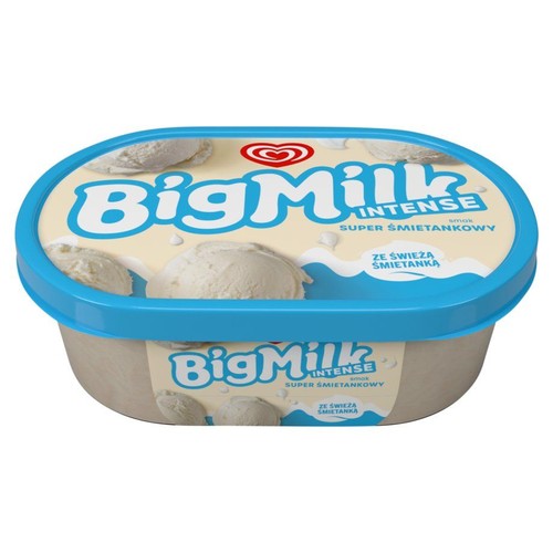 Lody BigMilk Intense Super Śmietankowy w owalnym opakowaniu z niebieską pokrywką. Na wieczku grafika gałek lodów.