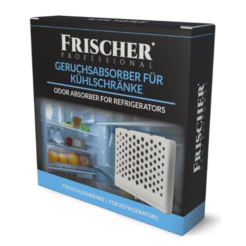 Opakowanie produktu Frischer Professional, pochłaniacza zapachów do lodówek. Czarna kostka z niebieskimi paskami. Na froncie grafika przedstawiająca otwartą lodówkę z jedzeniem i umieszczony w niej biały, perforowany absorber zapachów.