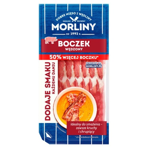 Morliny Boczek Wędzony, idealny do smażenia. Na opakowaniu plastry boczku i danie z chrupiącym boczkiem.