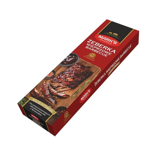 Żeberka wieprzowe barbecue Mark's Marszałkowscy, wolno gotowane. Opakowanie z wizualizacją dania.