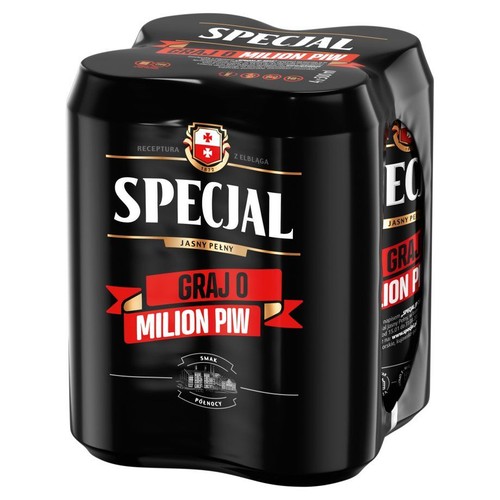 Produkt: piwo Specjal Jasny Pełny w czteropaku. Czarne puszki z biało-złotą etykietą. Centralnie napis "SPECJAL", poniżej "JASNY PEŁNY". Czerwony pasek z napisem "GRAJ O MILION PIW".