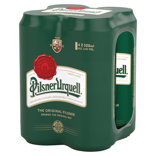 Czteropak piwa Pilsner Urquell w zielonym opakowaniu. Każda puszka ma pojemność 500ml i zawiera 4.4% alkoholu. Widoczne logo marki, informacja o warzeniu w Pilźnie w Czechach i hasło "The Original Pilsner".