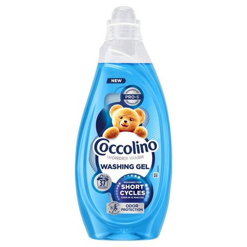 Nowy żel do prania Coccolino Wonder Wash w niebieskiej butelce. 37 prań, technologia PRO-S, ochrona przed zapachem.