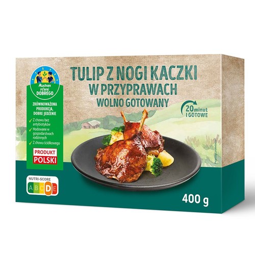 Auchan Pewni Dobrego: Tulip z nogi kaczki w przyprawach, wolno gotowany, 400 g. Produkt Polski, gotowy w 20 minut.