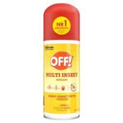Czerwono-żółty spray OFF! Multi Insect Repelent. Skuteczna ochrona przed komarami i kleszczami. Produkt oznaczony jako Numer 1.