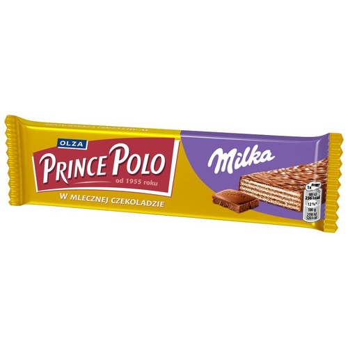Produkt Prince Polo Milka w podłużnym opakowaniu. Opakowanie jest żółto-fioletowe, z logo Olza i Prince Polo. Widoczna grafika wafelka w mlecznej czekoladzie oraz kawałka czekolady.