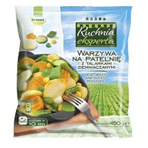Mrożone warzywa na patelnię Kuchnia eksperta 450g. Zawiera talarki ziemniaczane, marchew, cukinię, fasolkę, groszek, kukurydzę.