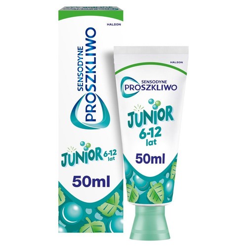 Pasta do zębów Sensodyne Proszkliwo Junior dla dzieci 6-12 lat, 50ml. Widoczne pudełko i tuba z zielonymi akcentami.