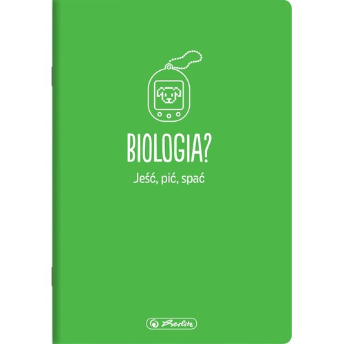 Zielony zeszyt z grafiką Tamagotchi, napisem "BIOLOGIA?" i "Jeść, pić, spać". Logo Herlitz.