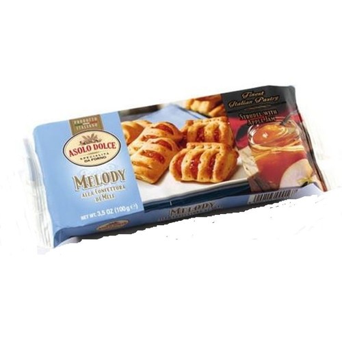 Opakowanie Asolo Dolce Melody, najlepszych włoskich ciastek strudel z dżemem jabłkowym. Na opakowaniu widoczna grafika kilku złotobrązowych ciastek z nadzieniem jabłkowym oraz szklanka dżemu z kawałkami jabłek.  .