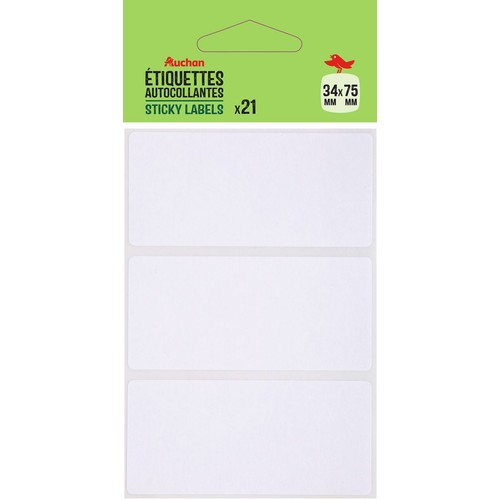 Opakowanie 21 białych etykiet samoprzylepnych Auchan, wymiary 34x75 mm.