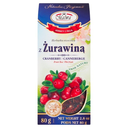Herbatka owocowa Malwa o smaku żurawinowym. Waga netto 80 g. Opakowanie z motywem żurawin.