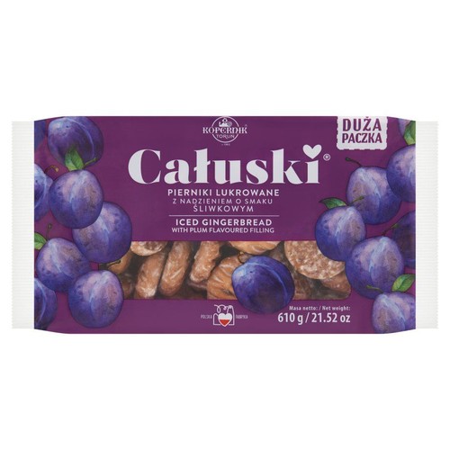 Kopernik Całuski, pierniki lukrowane z nadzieniem śliwkowym, duża paczka 610g. Fioletowe opakowanie ze śliwkami.