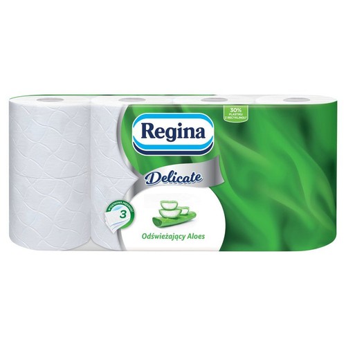 Papier toaletowy Regina Delicate, 3 rolki. Opakowanie zielone z liśćmi, informacja o aloesie.