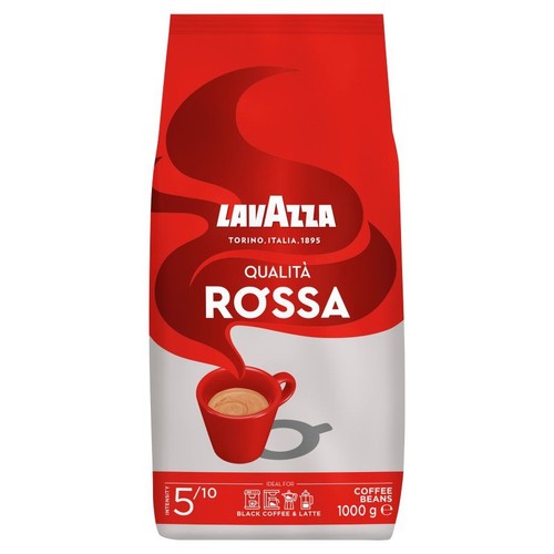 Kawa ziarnista Lavazza Qualità Rossa, 1 kg. Opakowanie czerwono-białe z grafiką filiżanki kawy. Intensywność 5/10.