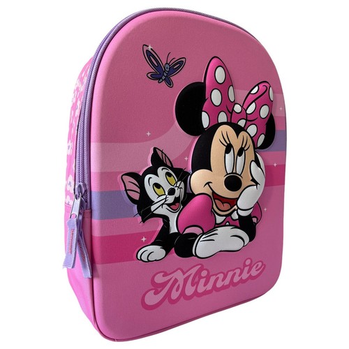 Plecak dla dzieci w kolorze różowym z grafiką Myszki Minnie, kota Figaro i motyla. Zamek błyskawiczny jest fioletowy.