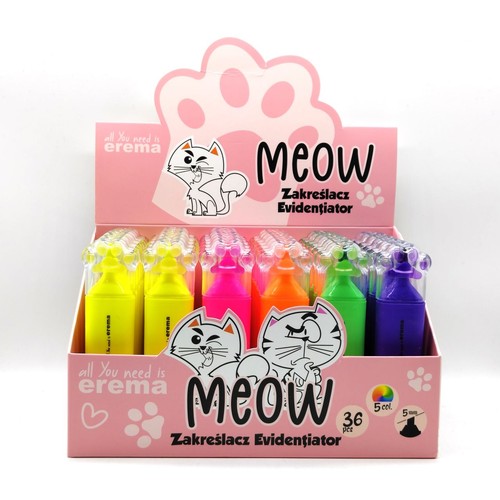 Display 36 zakreślaczy Meow w 5 kolorach: żółtym, różowym, pomarańczowym, zielonym i fioletowym. Opakowanie z grafiką kota.