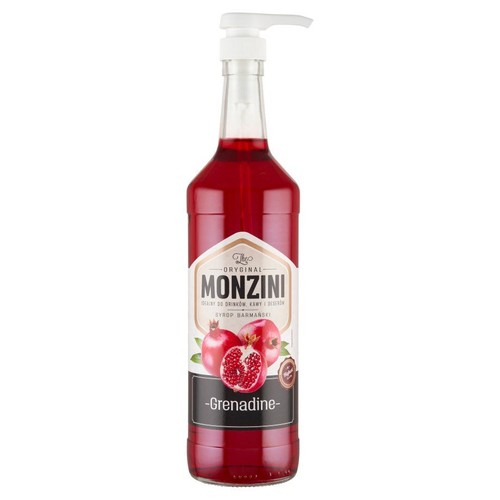 Syrop Monzini The Original Grenadine w butelce z pompką. Na etykiecie widoczne granaty.