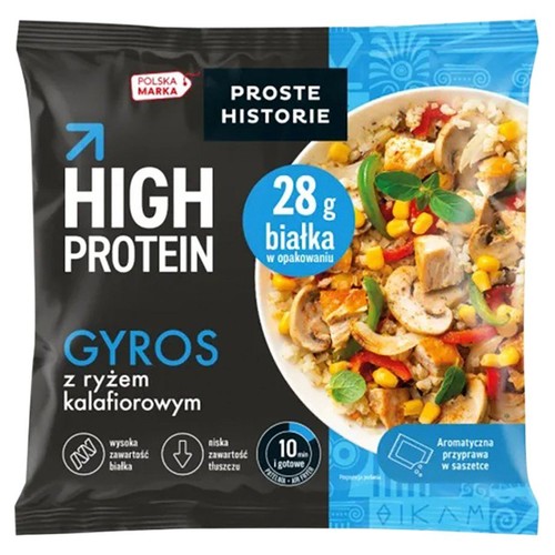 Produkt Proste Historie High Protein Gyros z ryżem kalafiorowym. Polska marka, 28g białka, niskotłuszczowy, szybki obiad w 10 min.
